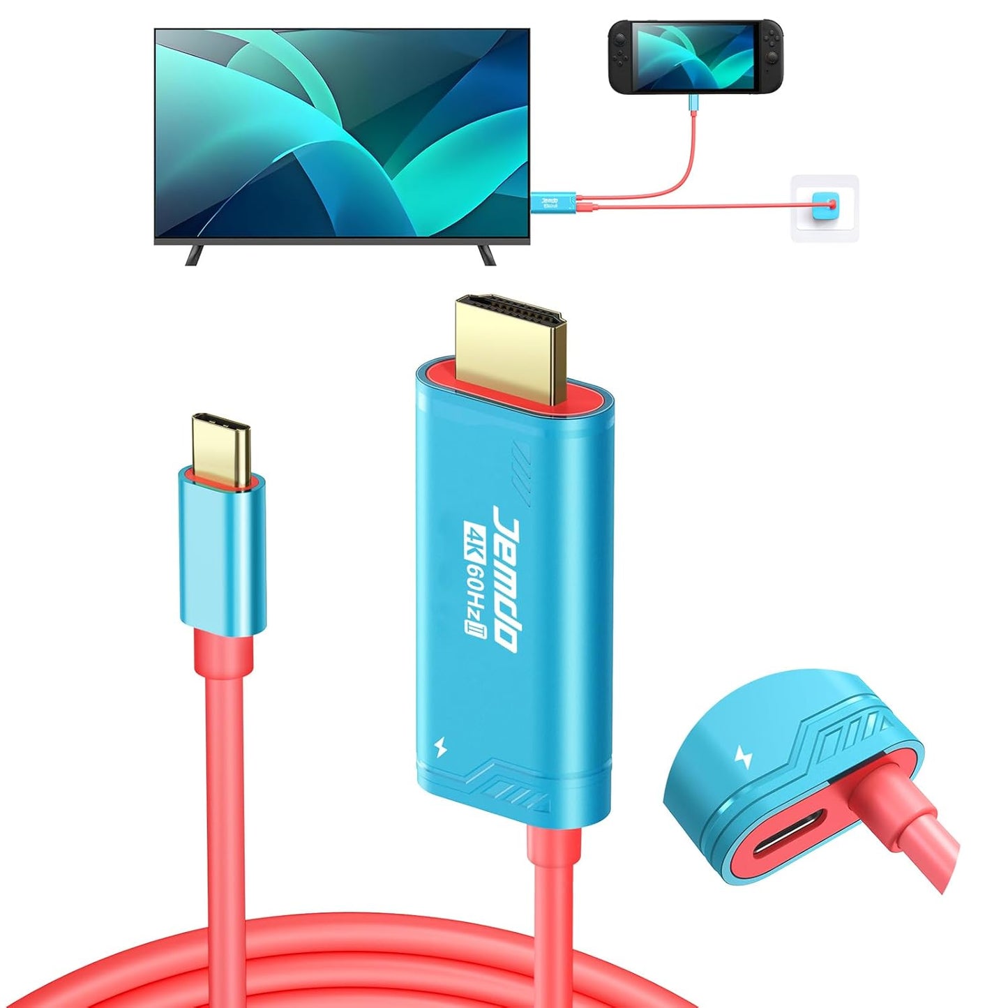 Switch 2 HDMI Adapter Cable Connector|6.6 ft / 2 m USB-C 3.2 to HDMI 2.0 4K 60 Hz PD 100 W|Portable Travel TV Adapter Dock Cord for Nintendo Switch 2/2017 / OLED, Steam Deck, ROG Ally – Blue