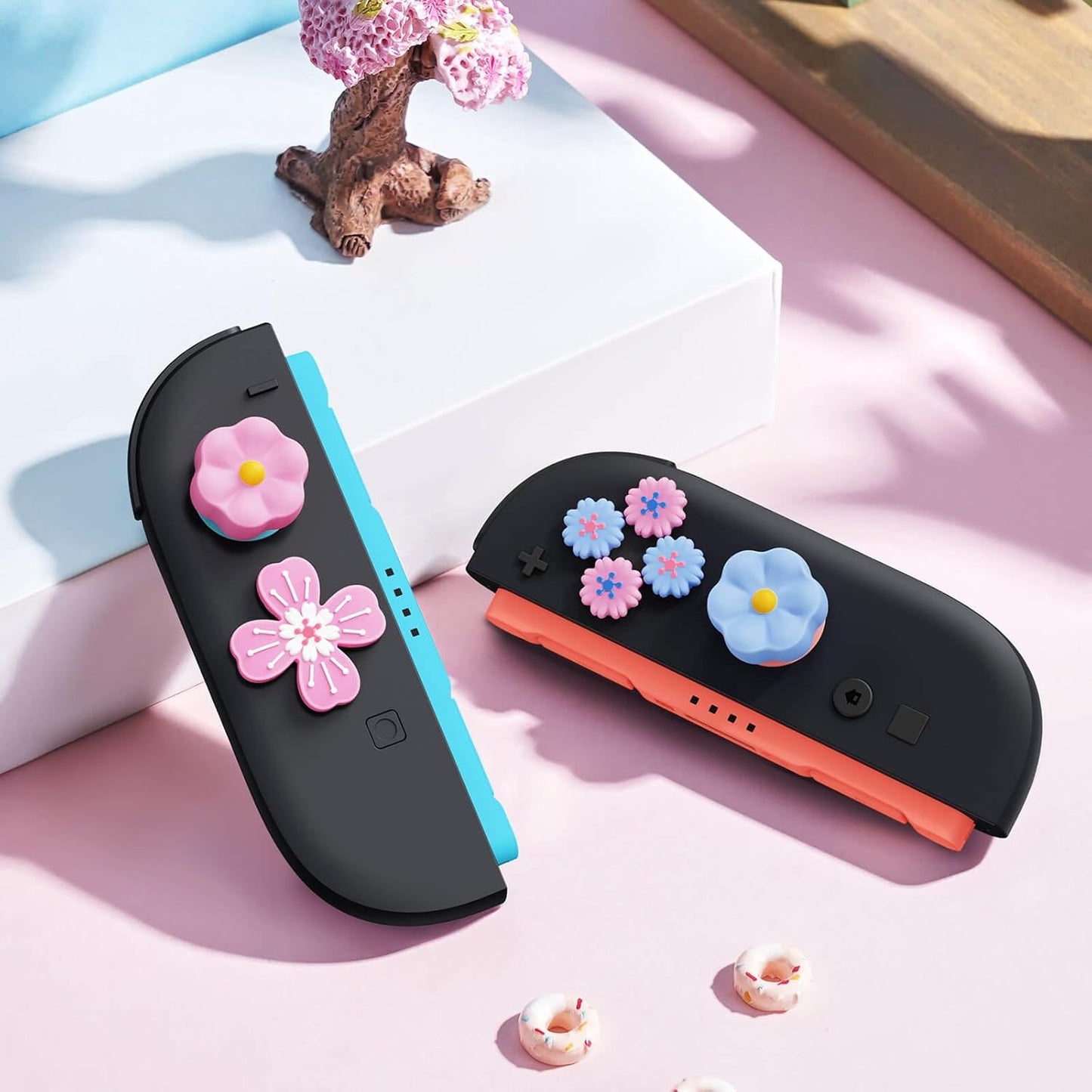 Jemdo Thumb Grips & Button Caps Set Compatible with Nintendo Switch 2 (2025) – 7pcs Pink/Blue Flower Silicone Joystick Caps and Button Covers, Cute & Comfortable Controller Stick Gifts for Girl & Kids