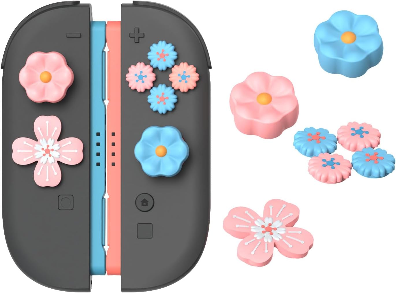 Jemdo Thumb Grips & Button Caps Set Compatible with Nintendo Switch 2 (2025) – 7pcs Pink/Blue Flower Silicone Joystick Caps and Button Covers, Cute & Comfortable Controller Stick Gifts for Girl & Kids