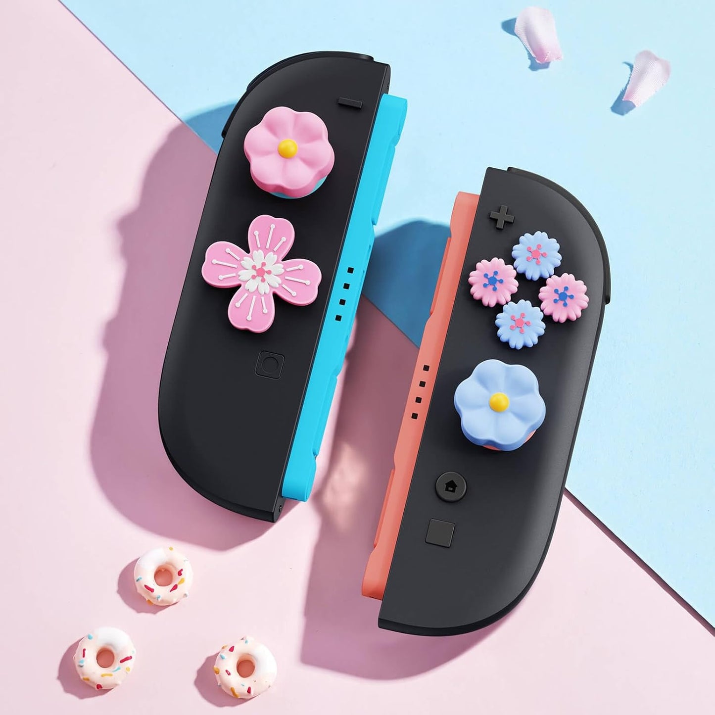 Jemdo Thumb Grips & Button Caps Set Compatible with Nintendo Switch 2 (2025) – 7pcs Pink/Blue Flower Silicone Joystick Caps and Button Covers, Cute & Comfortable Controller Stick Gifts for Girl & Kids