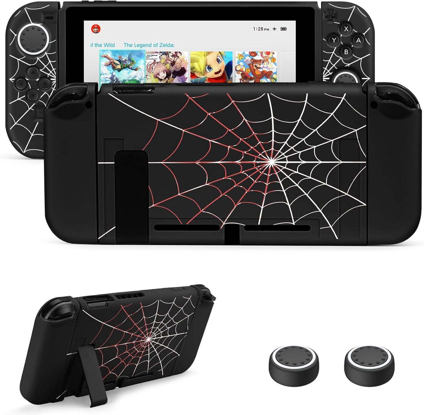 JINGDU Protective Case Compatible with Nintendo Switch 2017, TPU Case Accessory for Switch Console and Grip Joy-Con, Switch Protector with 4 Thumb Grips, Red Spider Web