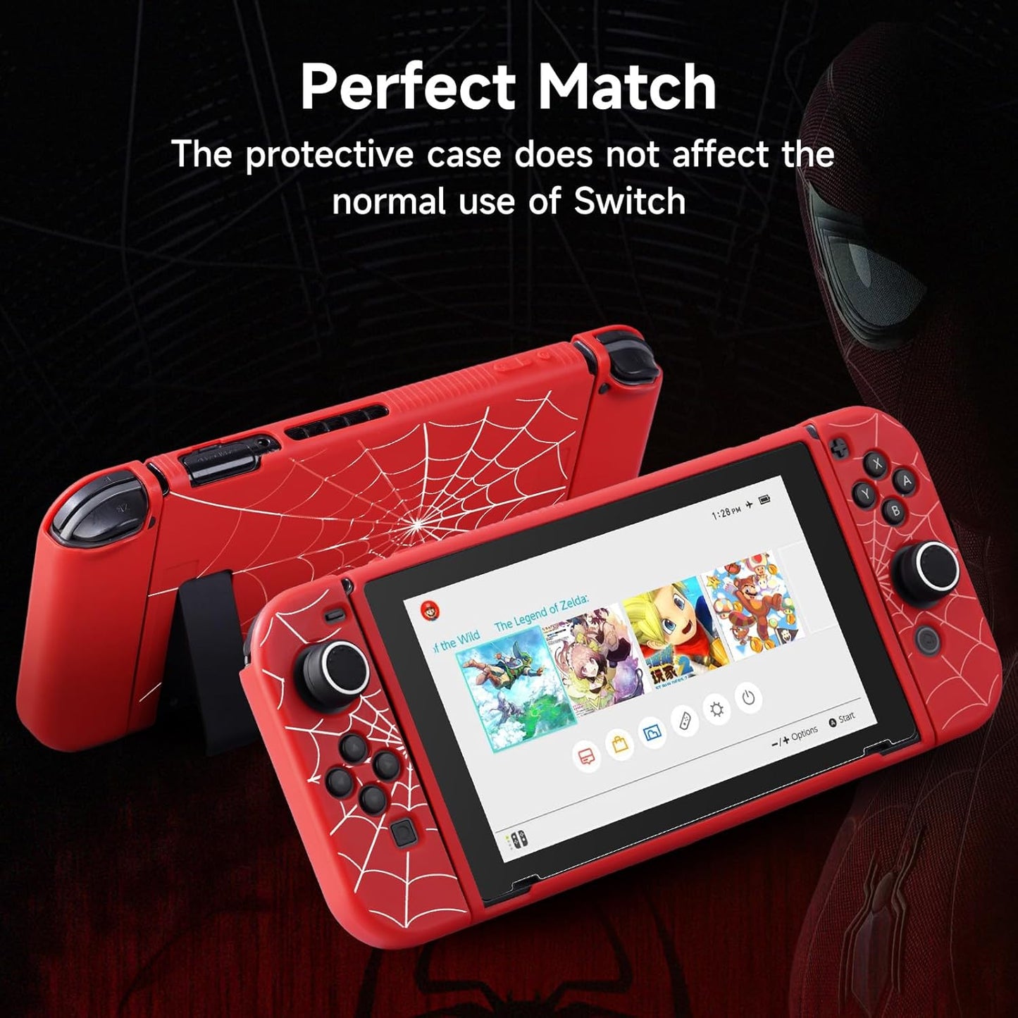 JINGDU Protective Case Compatible with Nintendo Switch 2017, TPU Case Accessory for Switch Console and Grip Joy-Con, Switch Protector with 4 Thumb Grips, Red Spider Web
