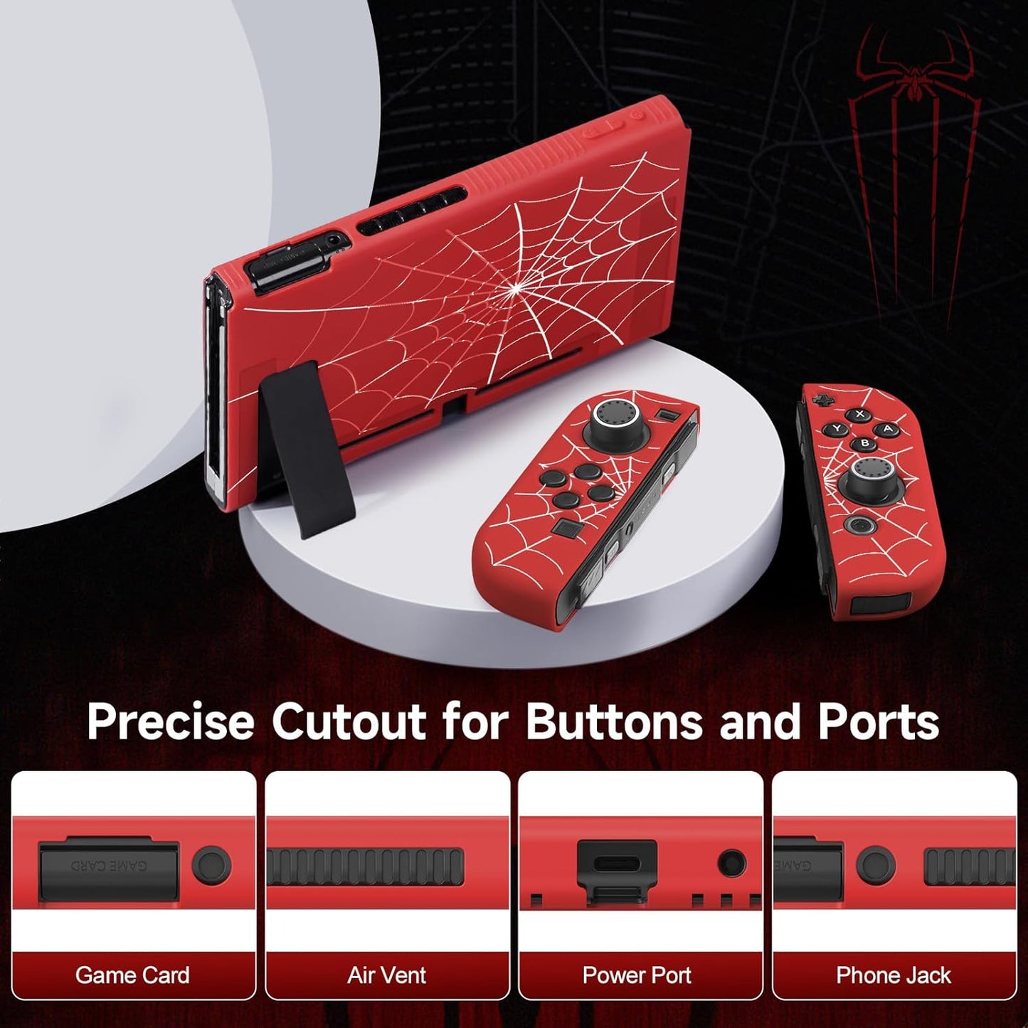 JINGDU Protective Case Compatible with Nintendo Switch 2017, TPU Case Accessory for Switch Console and Grip Joy-Con, Switch Protector with 4 Thumb Grips, Red Spider Web