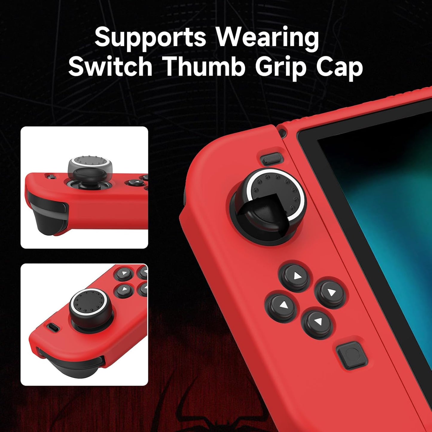 JINGDU Protective Case Compatible with Nintendo Switch 2017, TPU Case Accessory for Switch Console and Grip Joy-Con, Switch Protector with 4 Thumb Grips, Red Spider Web
