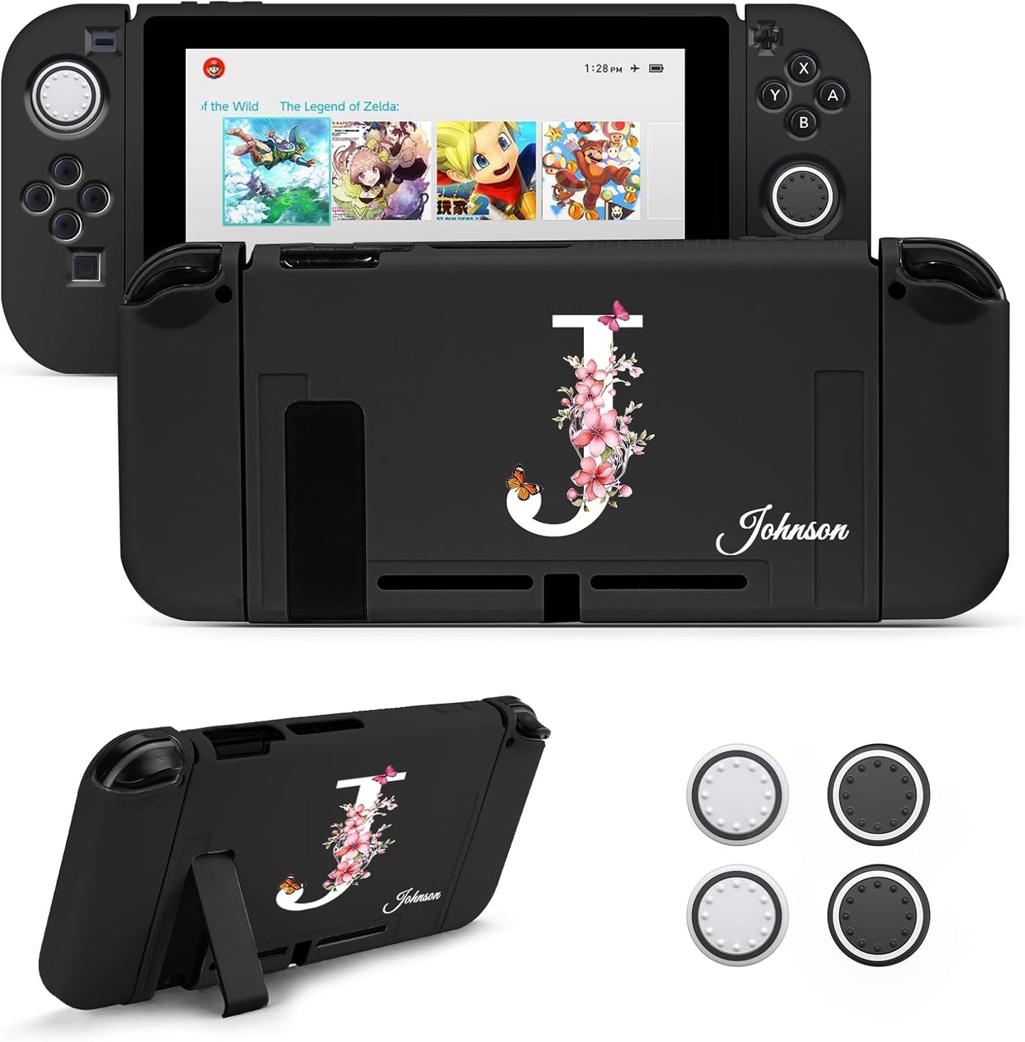 JINGDU Protective Case Compatible with Nintendo Switch 2017, TPU Case Accessory for Switch Console and Grip Joy-Con, Switch Protector with 4 Thumb Grips, Red Spider Web