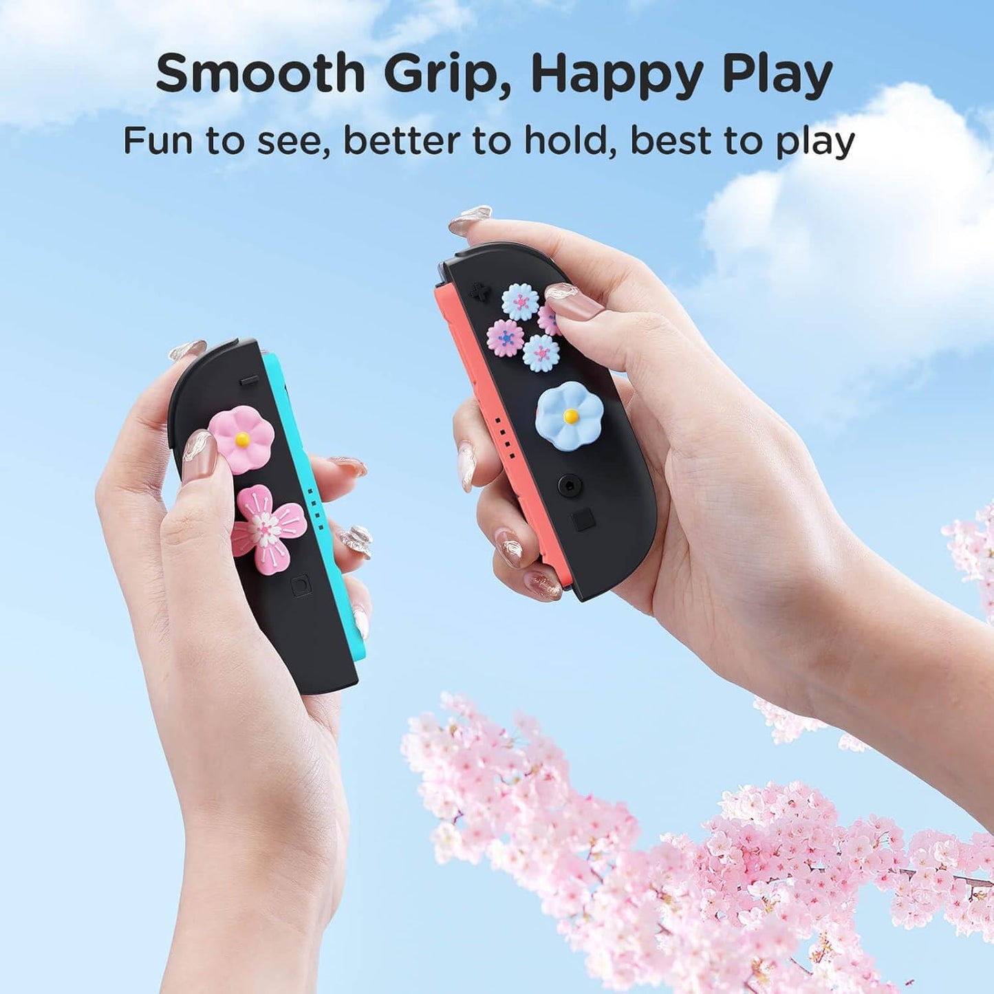 Jemdo Thumb Grips & Button Caps Set Compatible with Nintendo Switch 2 (2025) – 7pcs Pink/Blue Flower Silicone Joystick Caps and Button Covers, Cute & Comfortable Controller Stick Gifts for Girl & Kids