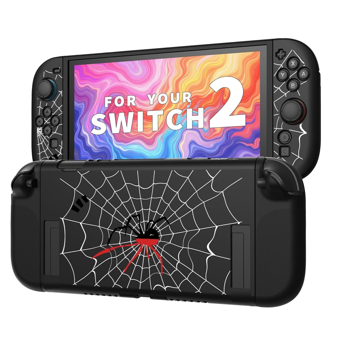 Textured Grip Protective Case Compatible with Nintendo Switch 2 (2025) Only – Black Spider Web Design, Matte Shockproof TPU Shell with Anti-Slip Handles, Ergonomic & Comfort Slim Back Cover