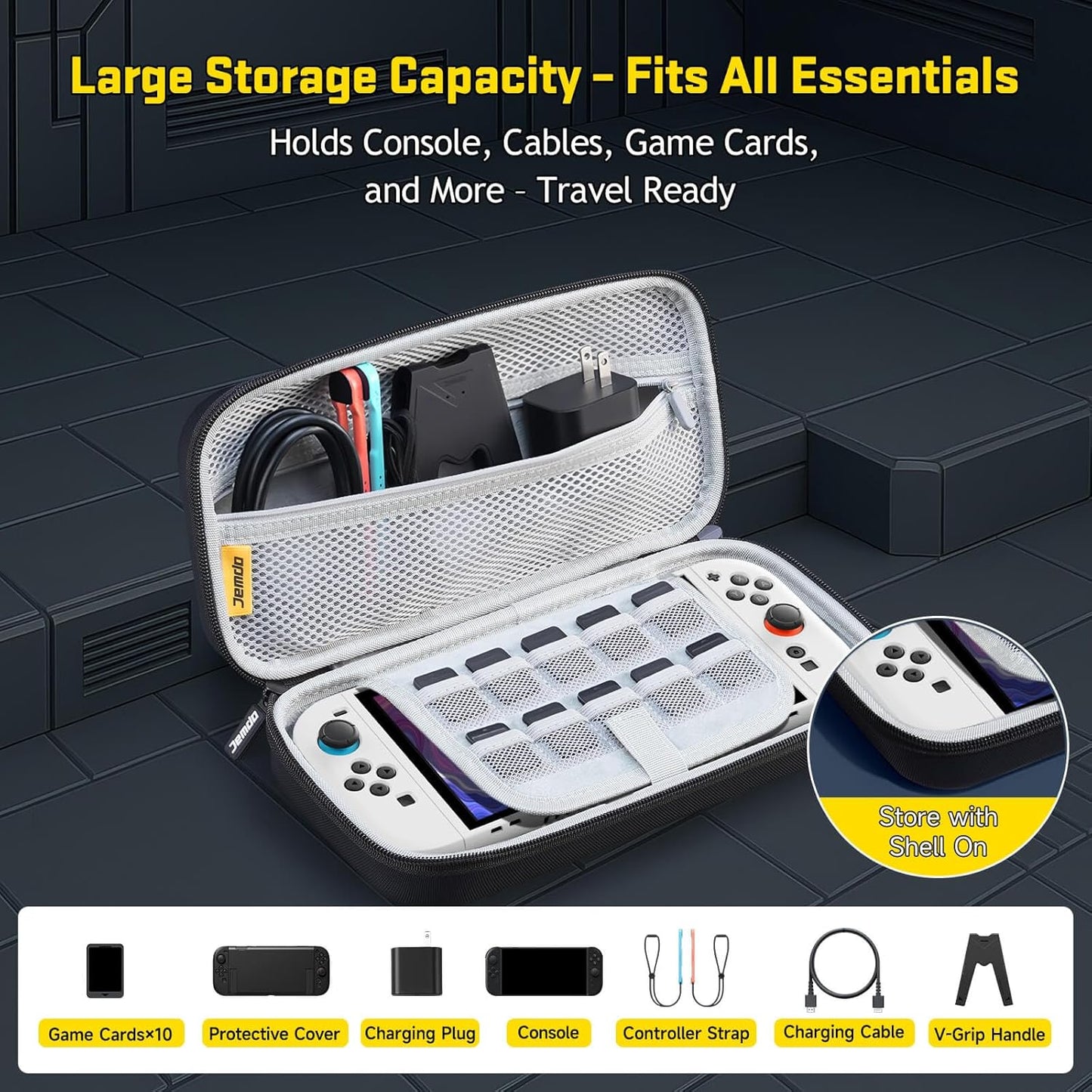 JEMDO Carrying Case Compatible with Nintendo Switch 2 (2025) – Black Slim Hard Shell with Game Card Storage, Fits Console with Attached Controllers, Mecha-Inspired Travel Bag, Gifts for Kids & Gamers