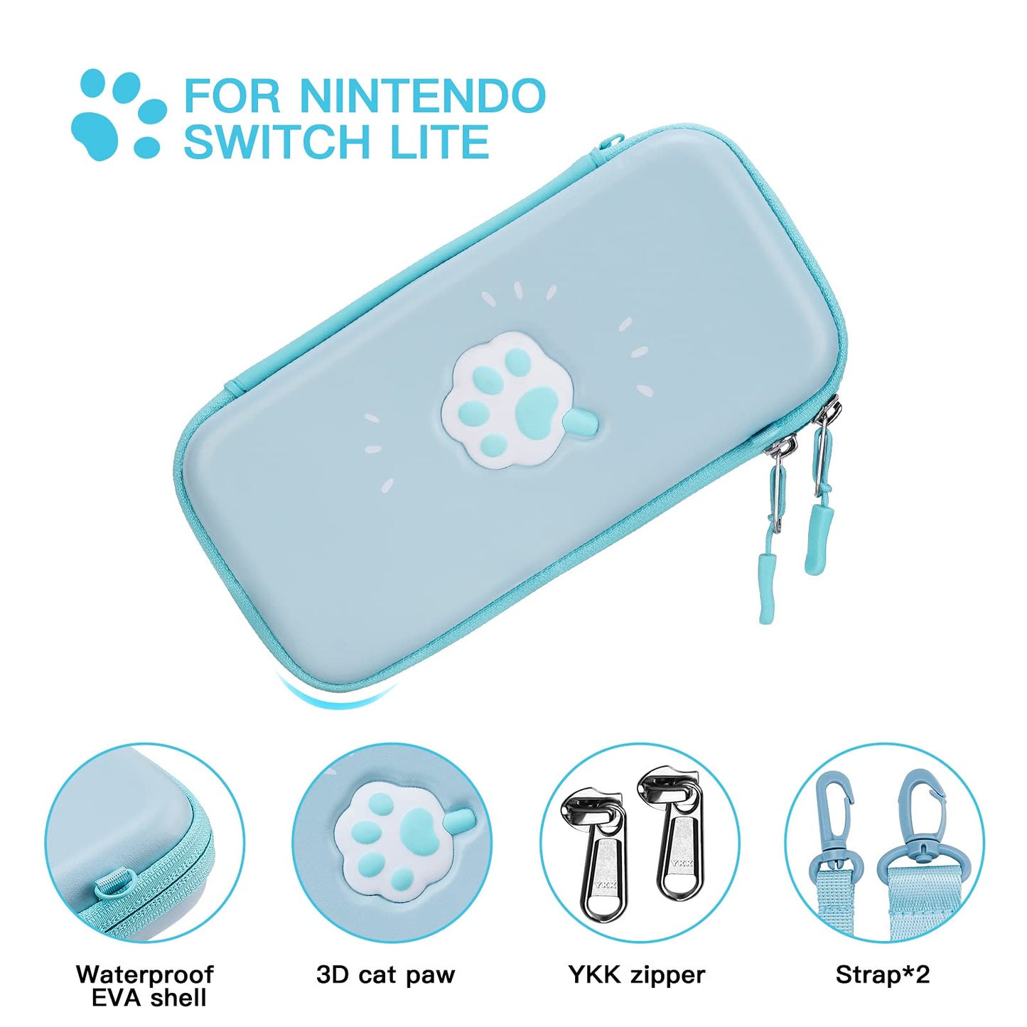 Estuche de transporte JEMDO para Nintendo Switch Lite con adorables huellas de gato en 3D en azul, morado y rosa