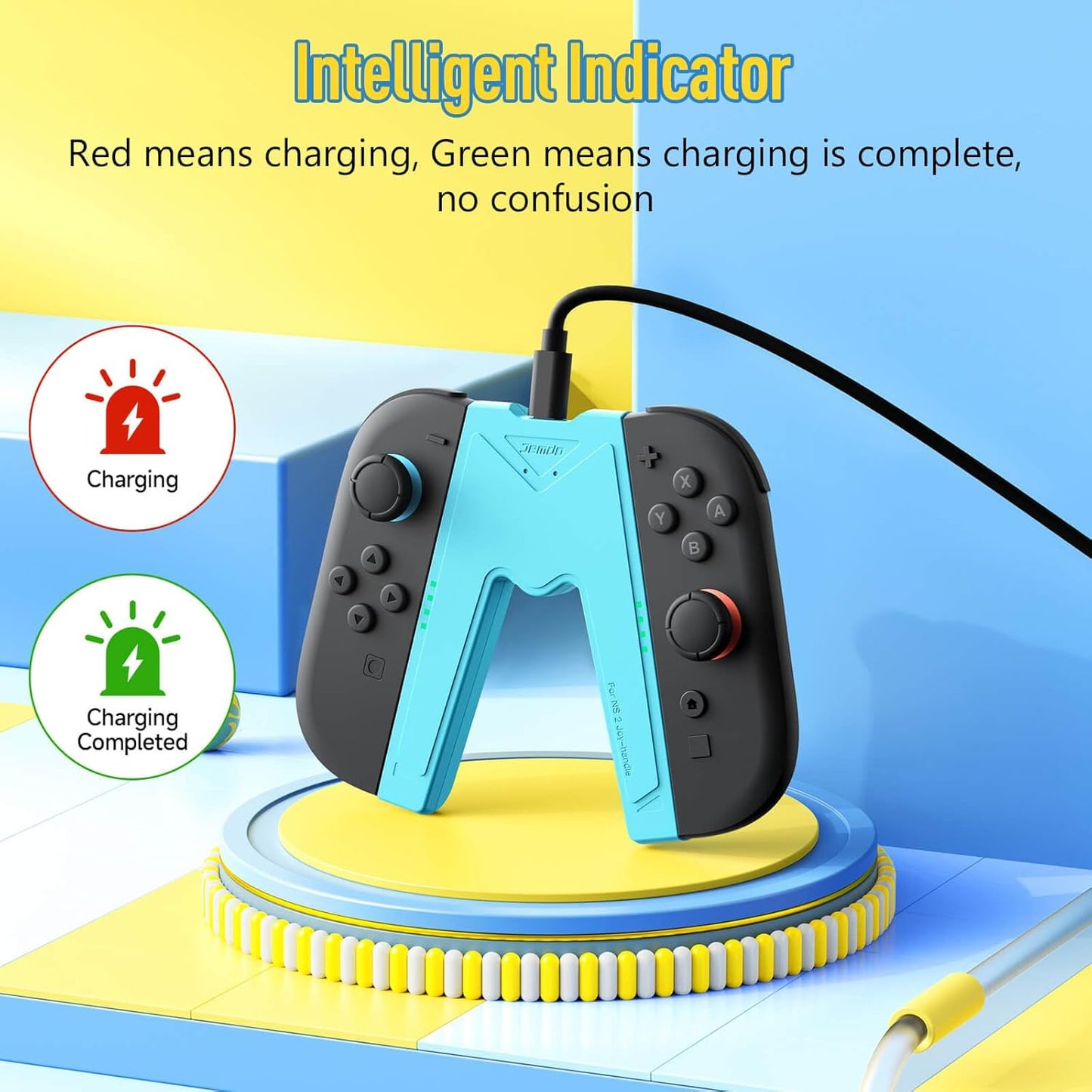 JEMDO Magnetic Joycon Charger Grip Compatible with Nintendo Switch 2 Only – LED Charging Grip for Switch 2 Joycon, USB-A to Type-C Charging Cable included - Blue