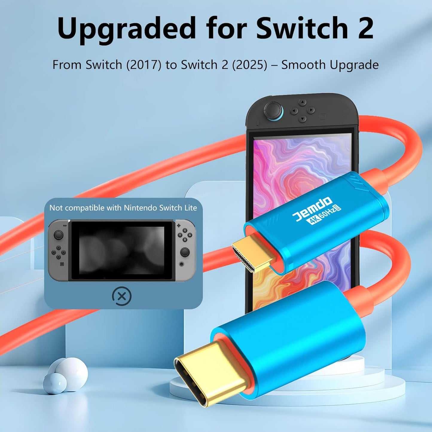 Switch 2 HDMI Adapter Cable Connector｜6.6 ft / 2 m USB-C 3.2 to HDMI 2.0 4K 60 Hz PD 100 W｜Portable Travel TV Adapter Dock Cord for Nintendo Switch 2/2017 / OLED, Steam Deck, ROG Ally – Blue