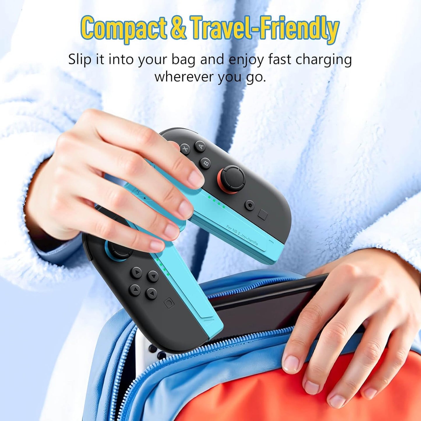 JEMDO Magnetic Joycon Charger Grip Compatible with Nintendo Switch 2 Only – LED Charging Grip for Switch 2 Joycon, USB-A to Type-C Charging Cable included - Blue