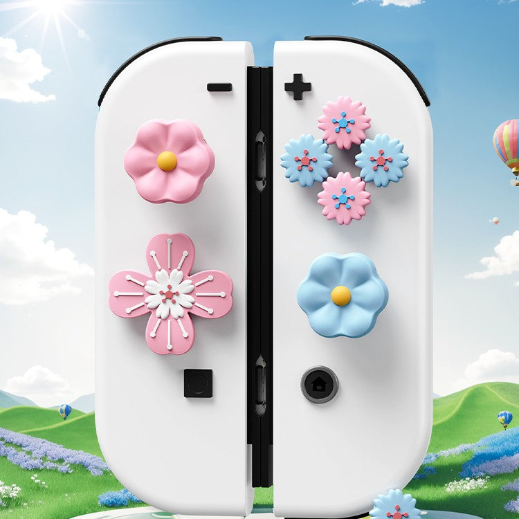 JEMDO Thumb Grips & Button Caps Set Compatible with Nintendo Switch 2 (2025) – 7pcs Pink/Blue Flower Silicone Joystick Caps and Button Covers, Cute & Comfortable Controller Stick Gifts for Girl & Kids